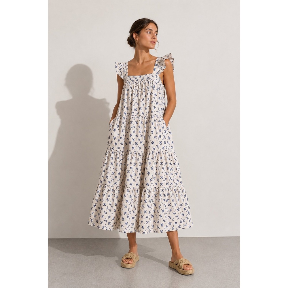Tradlands Chalet Flutter Sleeveless Dress XS Blue Floral Cotton Maxi Dress $188